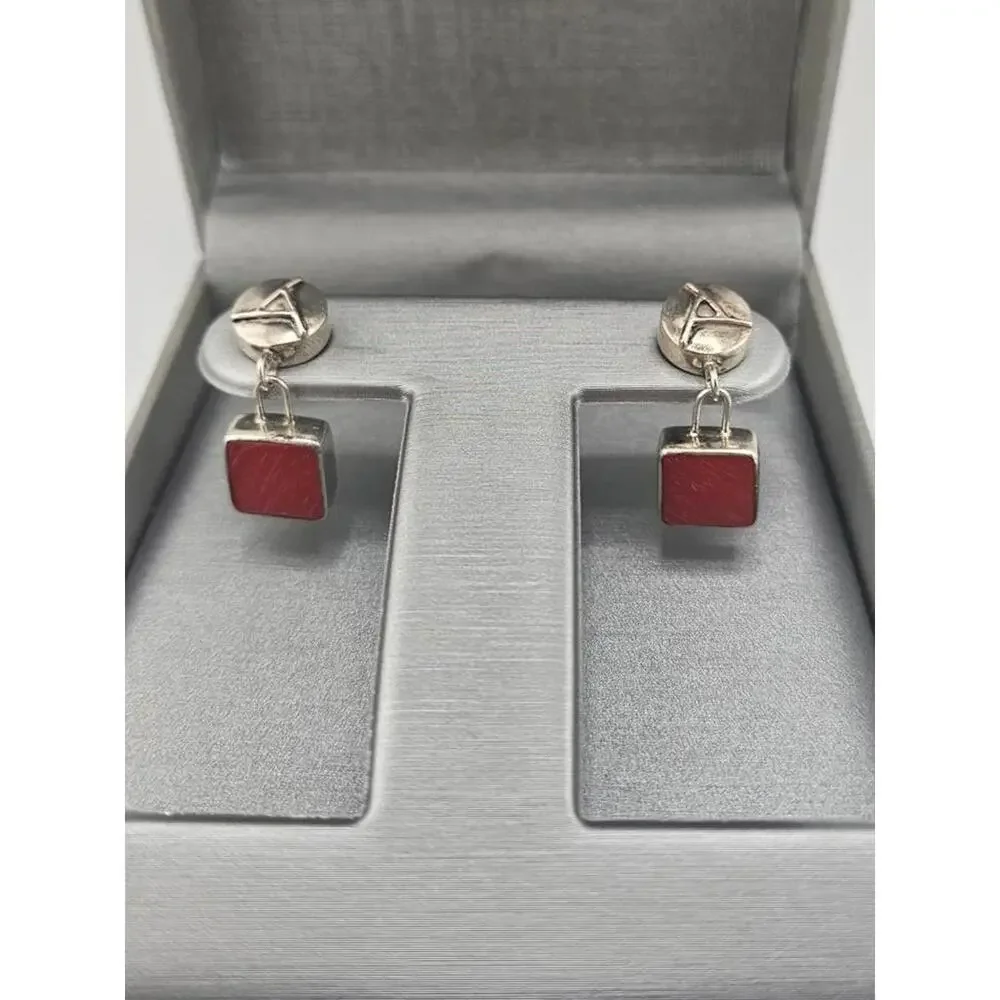 Sterling Silver and red coral or agate stone dangle earrings - Picture 2 of 9